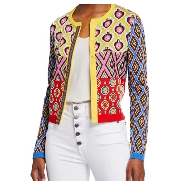 Alice + Olivia Sweaters - Alice + Olivia Yellow Trim Multicolor Embroidered Knit Cardigan